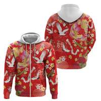 Hawaiian and Japanese Culture Together Zip Hoodie Kakau Tribal Pattern and Irezumi Art Red Color