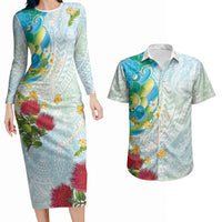 Japanese and Hawaiian Culture Fusion Couples Matching Long Sleeve Bodycon Dress and Hawaiian Shirt Irezumi with Turtles and Lei Kakau Pattern Fresh Vibe LT03 Multicolor - Polynesian Pride