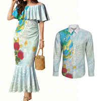 Japanese and Hawaiian Culture Fusion Couples Matching Mermaid Dress and Long Sleeve Button Shirt Irezumi with Turtles and Lei Kakau Pattern Fresh Vibe LT03 Multicolor - Polynesian Pride