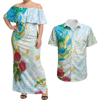 Japanese and Hawaiian Culture Fusion Couples Matching Off Shoulder Maxi Dress and Hawaiian Shirt Irezumi with Turtles and Lei Kakau Pattern Fresh Vibe LT03 Multicolor - Polynesian Pride