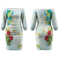 Japanese and Hawaiian Culture Fusion Couples Matching Off The Shoulder Long Sleeve Dress and Long Sleeve Button Shirt Irezumi with Turtles and Lei Kakau Pattern Fresh Vibe LT03 - Polynesian Pride