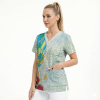Japanese and Hawaiian Culture Fusion Scrub Top Irezumi with Turtles and Lei Kakau Pattern Fresh Vibe LT03 - Polynesian Pride