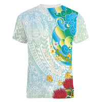 Japanese and Hawaiian Culture Fusion Women V-Neck T-Shirt Irezumi with Turtles and Lei Kakau Pattern Fresh Vibe LT03 - Polynesian Pride