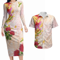 Japanese and Hawaiian Culture Fusion Couples Matching Long Sleeve Bodycon Dress and Hawaiian Shirt Irezumi with Turtles and Lei Kakau Pattern Sunset Vibe LT03 Multicolor - Polynesian Pride