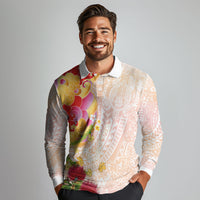 Japanese and Hawaiian Culture Fusion Long Sleeve Polo Shirt Irezumi with Turtles and Lei Kakau Pattern Sunset Vibe LT03 - Polynesian Pride