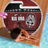 New Zealand Culture Beach Blanket Kia Ora Aotearoa Moko Tattoo Mask with Waka and Maori Art Pattern