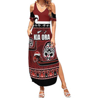 New Zealand Culture Family Matching Summer Maxi Dress and Hawaiian Shirt Kia Ora Aotearoa Moko Tattoo Mask with Waka and Maori Art Pattern LT03 Mom's Dress Red - Polynesian Pride