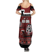 New Zealand Culture Family Matching Summer Maxi Dress and Hawaiian Shirt Kia Ora Aotearoa Moko Tattoo Mask with Waka and Maori Art Pattern LT03 - Polynesian Pride