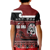 New Zealand Culture Kid Polo Shirt Kia Ora Aotearoa Moko Tattoo Mask with Waka and Maori Art Pattern