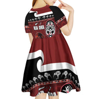 New Zealand Culture Kid Short Sleeve Dress Kia Ora Aotearoa Moko Tattoo Mask with Waka and Maori Art Pattern