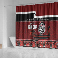 New Zealand Culture Shower Curtain Kia Ora Aotearoa Moko Tattoo Mask with Waka and Maori Art Pattern