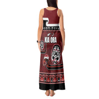 New Zealand Culture Tank Maxi Dress Kia Ora Aotearoa Moko Tattoo Mask with Waka and Maori Art Pattern