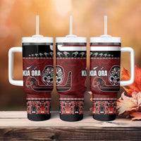 New Zealand Culture Tumbler With Handle Kia Ora Aotearoa Moko Tattoo Mask with Waka and Maori Art Pattern