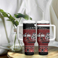 New Zealand Culture Tumbler With Handle Kia Ora Aotearoa Moko Tattoo Mask with Waka and Maori Art Pattern
