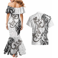 New Zealand Gecko Maori Art Tattoo Couples Matching Mermaid Dress and Hawaiian Shirt White Color