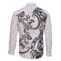 New Zealand Gecko Maori Art Tattoo Family Matching Off The Shoulder Long Sleeve Dress and Hawaiian Shirt White Color