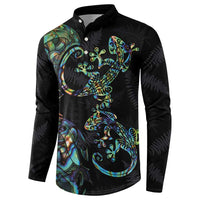 New Zealand Gecko Maori Art Tattoo Button Sweatshirt Silver Fern and Paua Shell Mode