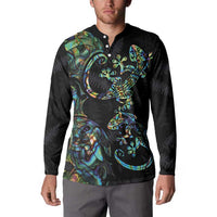 New Zealand Gecko Maori Art Tattoo Button Sweatshirt Silver Fern and Paua Shell Mode