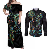 New Zealand Gecko Maori Art Tattoo Couples Matching Off Shoulder Maxi Dress and Long Sleeve Button Shirt Silver Fern and Paua Shell Mode