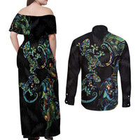 New Zealand Gecko Maori Art Tattoo Couples Matching Off Shoulder Maxi Dress and Long Sleeve Button Shirt Silver Fern and Paua Shell Mode