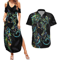 New Zealand Gecko Maori Art Tattoo Couples Matching Summer Maxi Dress and Hawaiian Shirt Silver Fern and Paua Shell Mode