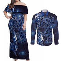 New Zealand Gecko Maori Art Tattoo Couples Matching Off Shoulder Maxi Dress and Long Sleeve Button Shirt Matariki Mode