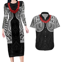 Samoan Traditional Art Tattoos Couples Matching Long Sleeve Bodycon Dress and Hawaiian Shirt Tatau Tribal Motifs with Ula Fala Black - Polynesian Pride