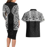 Samoan Traditional Art Tattoos Couples Matching Long Sleeve Bodycon Dress and Hawaiian Shirt Tatau Tribal Motifs with Ula Fala Black - Polynesian Pride