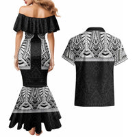 Samoan Traditional Art Tattoos Couples Matching Mermaid Dress and Hawaiian Shirt Tatau Tribal Motifs with Ula Fala Black - Polynesian Pride