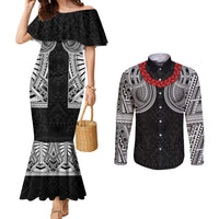 Samoan Traditional Art Tattoos Couples Matching Mermaid Dress and Long Sleeve Button Shirt Tatau Tribal Motifs with Ula Fala Black - Polynesian Pride