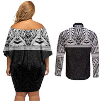 Samoan Traditional Art Tattoos Couples Matching Off Shoulder Short Dress and Long Sleeve Button Shirt Tatau Tribal Motifs with Ula Fala Black - Polynesian Pride