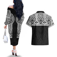 Samoan Traditional Art Tattoos Couples Matching Off The Shoulder Long Sleeve Dress and Hawaiian Shirt Tatau Tribal Motifs with Ula Fala Black - Polynesian Pride