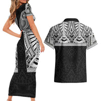 Samoan Traditional Art Tattoos Couples Matching Short Sleeve Bodycon Dress and Hawaiian Shirt Tatau Tribal Motifs with Ula Fala Black - Polynesian Pride