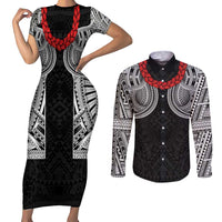 Samoan Traditional Art Tattoos Couples Matching Short Sleeve Bodycon Dress and Long Sleeve Button Shirt Tatau Tribal Motifs with Ula Fala Black - Polynesian Pride