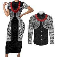 Samoan Traditional Art Tattoos Couples Matching Short Sleeve Bodycon Dress and Long Sleeve Button Shirt Tatau Tribal Motifs with Ula Fala Black - Polynesian Pride