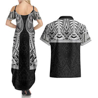Samoan Traditional Art Tattoos Couples Matching Summer Maxi Dress and Hawaiian Shirt Tatau Tribal Motifs with Ula Fala Black - Polynesian Pride