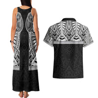Samoan Traditional Art Tattoos Couples Matching Tank Maxi Dress and Hawaiian Shirt Tatau Tribal Motifs with Ula Fala Black - Polynesian Pride