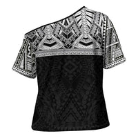 Samoan Traditional Art Tattoos Cross Shoulder Shirt Tatau Tribal Motifs with Ula Fala Black - Polynesian Pride
