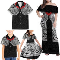 Samoan Traditional Art Tattoos Family Matching Off Shoulder Maxi Dress and Hawaiian Shirt Tatau Tribal Motifs with Ula Fala Black - Polynesian Pride
