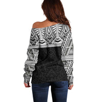 Samoan Traditional Art Tattoos Off Shoulder Sweater Tatau Tribal Motifs with Ula Fala Black - Polynesian Pride