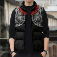 Samoan Traditional Art Tattoos Sleeveless Puffer Jacket Tatau Tribal Motifs with Ula Fala Black - Polynesian Pride