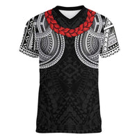 Samoan Traditional Art Tattoos Women V-Neck T-Shirt Tatau Tribal Motifs with Ula Fala Black - Polynesian Pride