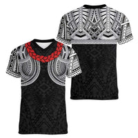 Samoan Traditional Art Tattoos Women V-Neck T-Shirt Tatau Tribal Motifs with Ula Fala Black - Polynesian Pride