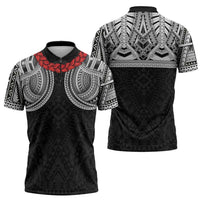 Samoan Traditional Art Tattoos Zipper Polo Shirt Tatau Tribal Motifs with Ula Fala Black - Polynesian Pride
