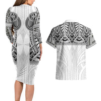 Samoan Traditional Art Tattoos Couples Matching Long Sleeve Bodycon Dress and Hawaiian Shirt Tatau Tribal Motifs with Ula Nifo White - Polynesian Pride