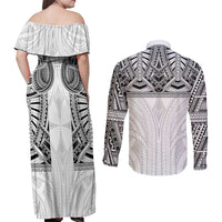 Samoan Traditional Art Tattoos Couples Matching Off Shoulder Maxi Dress and Long Sleeve Button Shirt Tatau Tribal Motifs with Ula Nifo White - Polynesian Pride