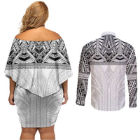 Samoan Traditional Art Tattoos Couples Matching Off Shoulder Short Dress and Long Sleeve Button Shirt Tatau Tribal Motifs with Ula Nifo White - Polynesian Pride