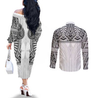 Samoan Traditional Art Tattoos Couples Matching Off The Shoulder Long Sleeve Dress and Long Sleeve Button Shirt Tatau Tribal Motifs with Ula Nifo White - Polynesian Pride