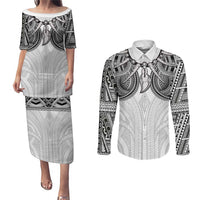 Samoan Traditional Art Tattoos Couples Matching Puletasi and Long Sleeve Button Shirt Tatau Tribal Motifs with Ula Nifo White - Polynesian Pride