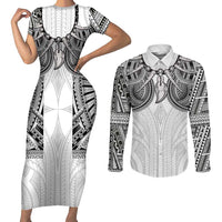 Samoan Traditional Art Tattoos Couples Matching Short Sleeve Bodycon Dress and Long Sleeve Button Shirt Tatau Tribal Motifs with Ula Nifo White - Polynesian Pride